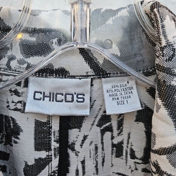 Chicos Jacket Womens 1 Black White Silk Cropped Blazer Pockets Artsy Graphic - Picture 3 of 6